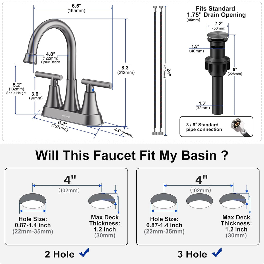 Matte Black Bathroom Faucet, Hurran 4 inch Centerset 2-Handle Lead-Free