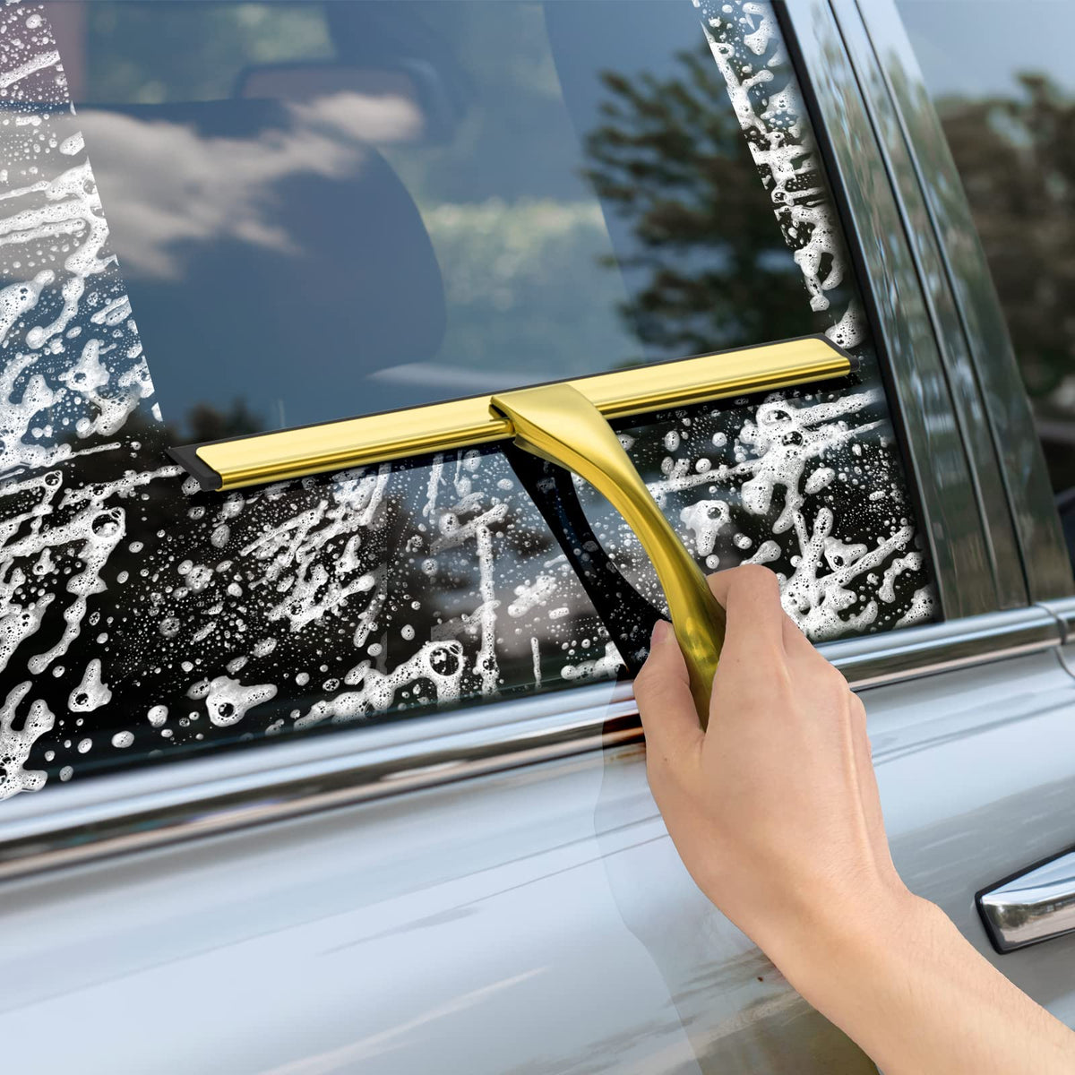 All-Purpose Stainless Steel Shower Squeegee for Shower Glass Door with 2 Adhesive Hooks, Bathroom Cleaner Tool Household Window Mirror Squeegee for Glass Doors, Cleaning Tile Wall, Car, 14 Inch Silver