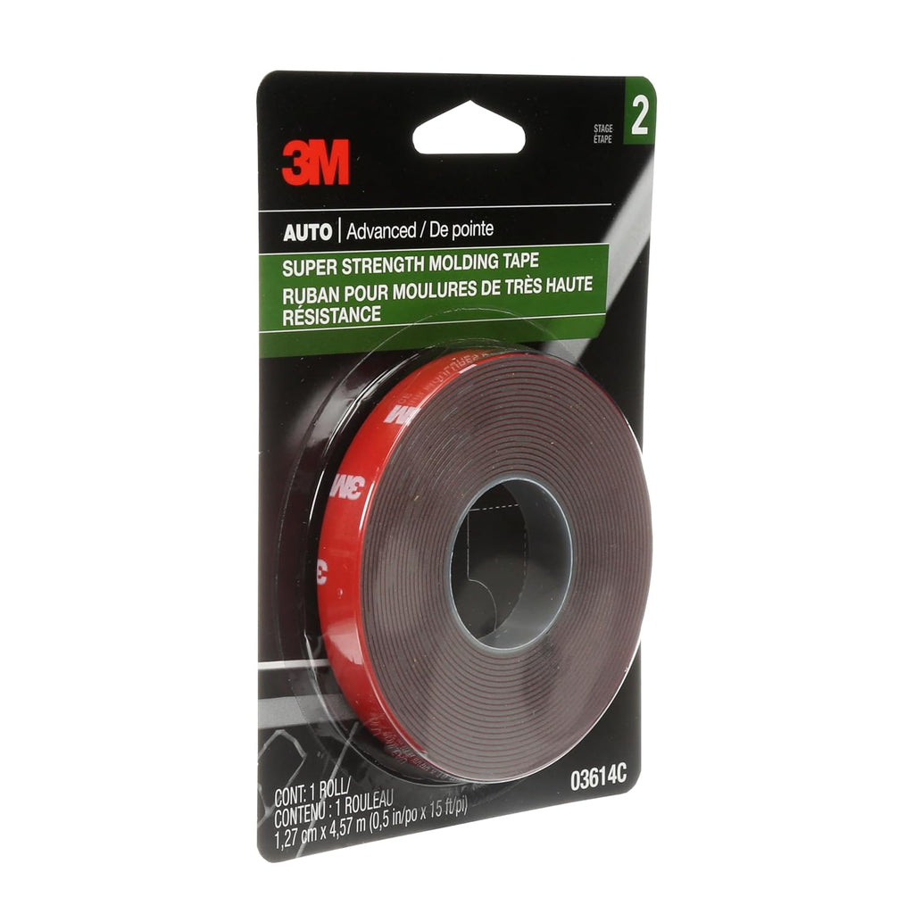 3M Super-Strength Molding Tape, 1/2 in x 15 ft, Double-Sided Adhesive, Permanently Attaches Side Moldings, Trim and Emblems to Interior and Exterior of Vehicles (03614), Gray