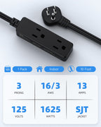 Flat Plug Extension Cord with 3 Outlets - 6Ft Low Profile Indoor 3 Prong Grounded Power Strip for Home Office & Travel - 16 AWG 13A/1625W, Black