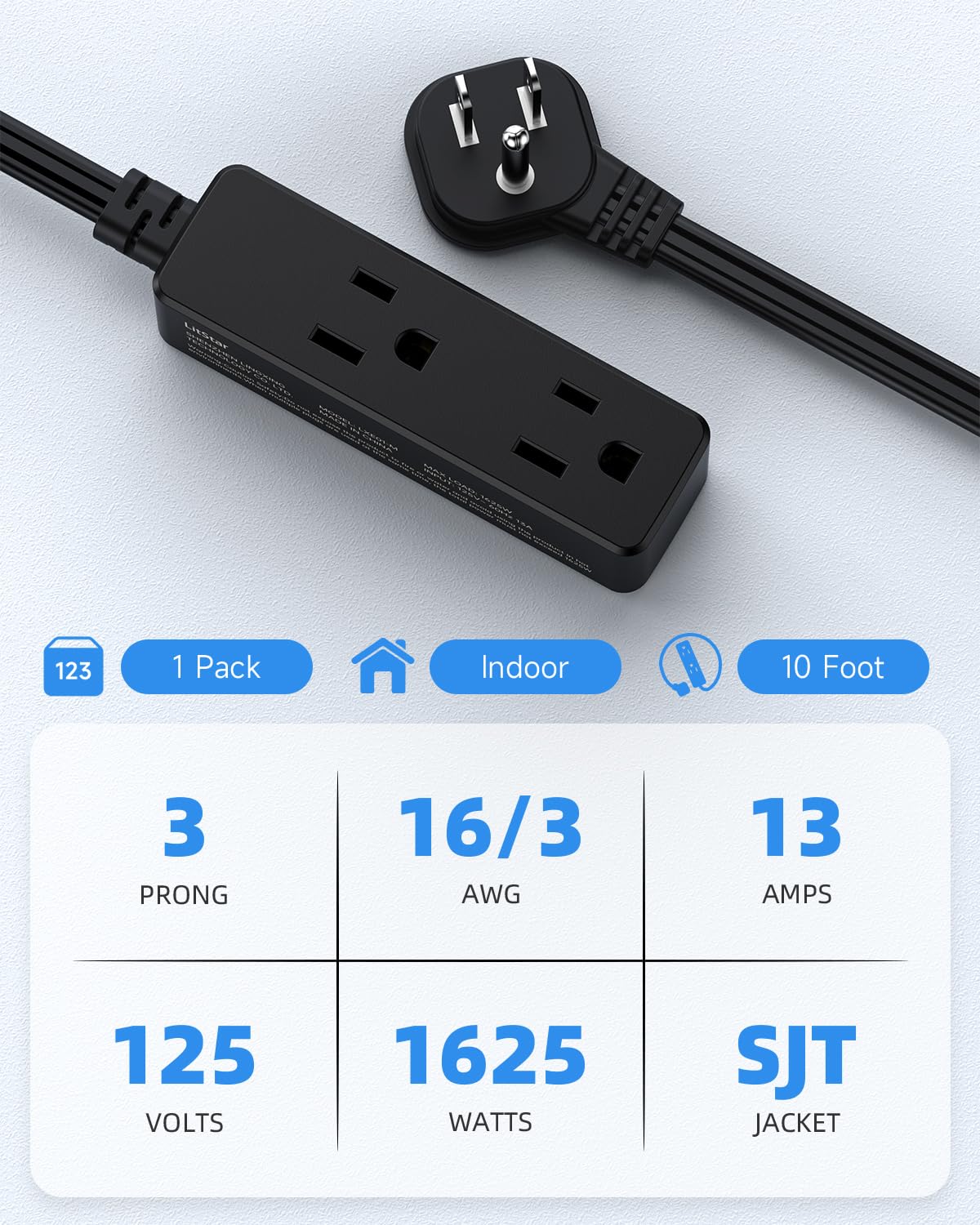 Flat Plug Extension Cord with 3 Outlets - 6Ft Low Profile Indoor 3 Prong Grounded Power Strip for Home Office & Travel - 16 AWG 13A/1625W, Black