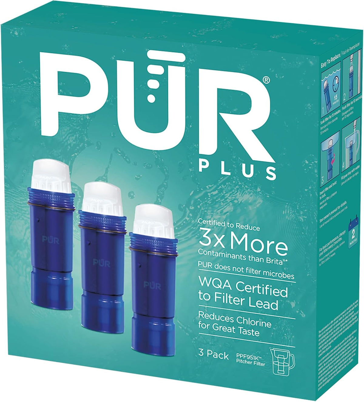 PUR PLUS Water Pitcher Replacement Filter with Lead Reduction (3 Pack), Blue – Compatible with all PUR Pitcher and Dispenser Filtration Systems