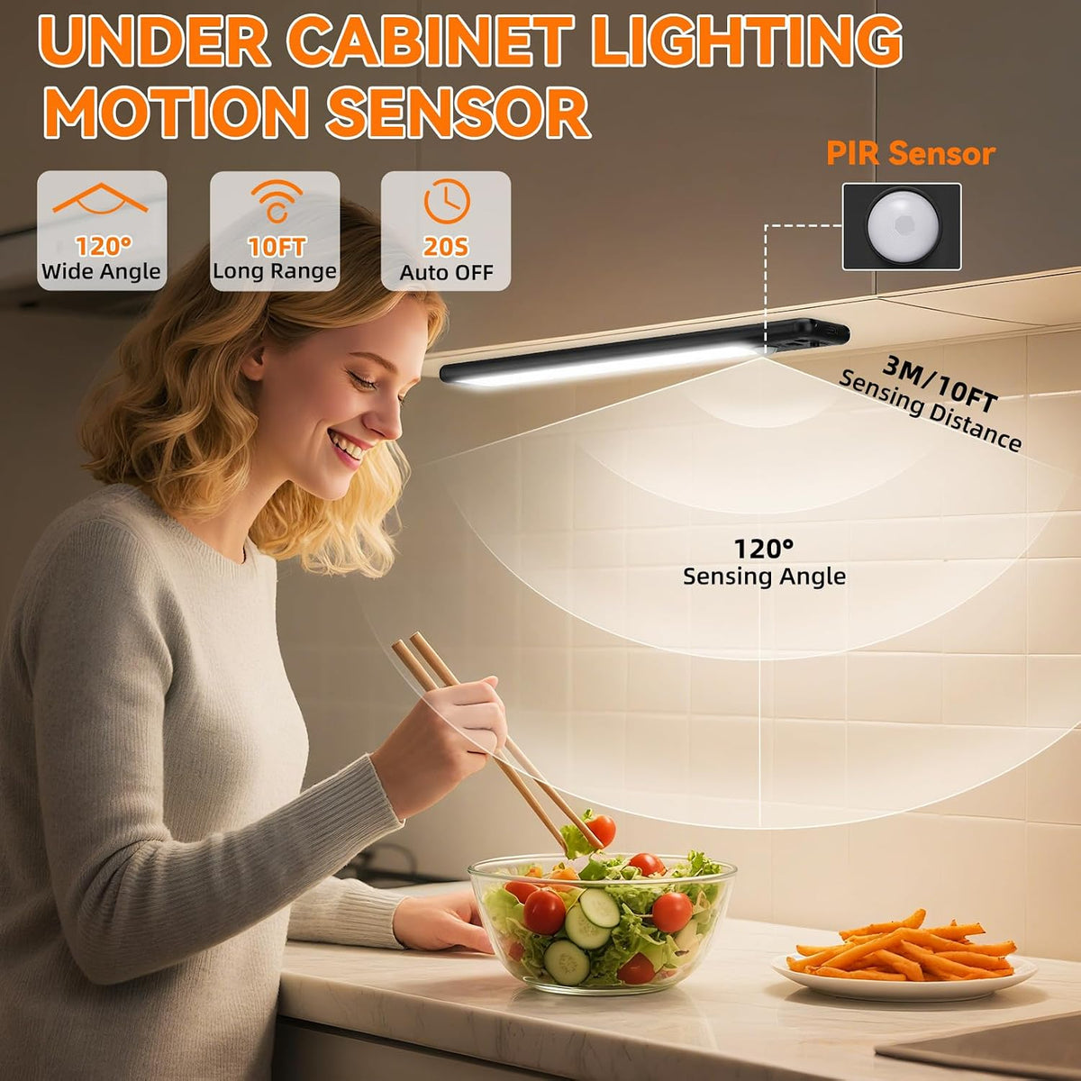 Under Cabinet Lighting Wireless, 15inch Motion Sensor Light, 3Pack-Black