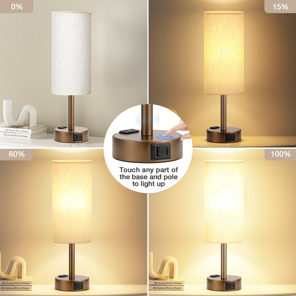 Fenmzee Bedside Table Lamp for Bedroom - Dimmable Touch, USB A+C, AC Outlet