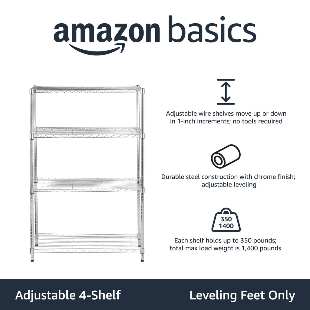 Amazon Basics 5-Shelf Tower Adjustable Storage Shelving Unit, Chrome, 16" x 16" x 54", 150 lbs Per Shelf
