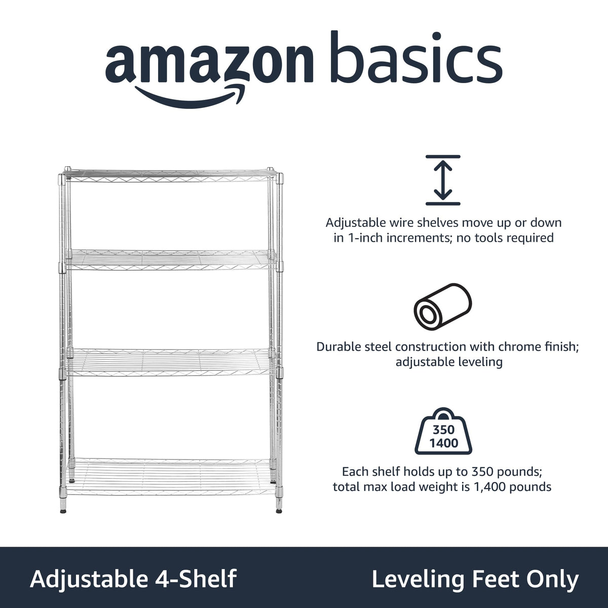 Amazon Basics 5-Shelf Tower Adjustable Storage Shelving Unit, Chrome, 16" x 16" x 54", 150 lbs Per Shelf