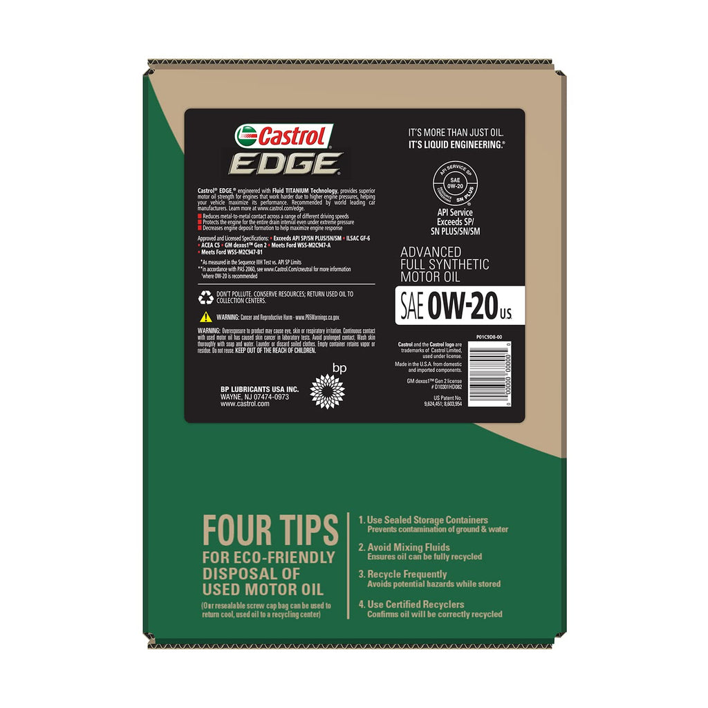 Castrol EDGE 0W-20 Advanced Full Synthetic Motor Oil, 5 Quarts