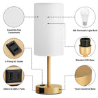 Fenmzee Bedside Table Lamp for Bedroom - Dimmable Touch, USB A+C, AC Outlet