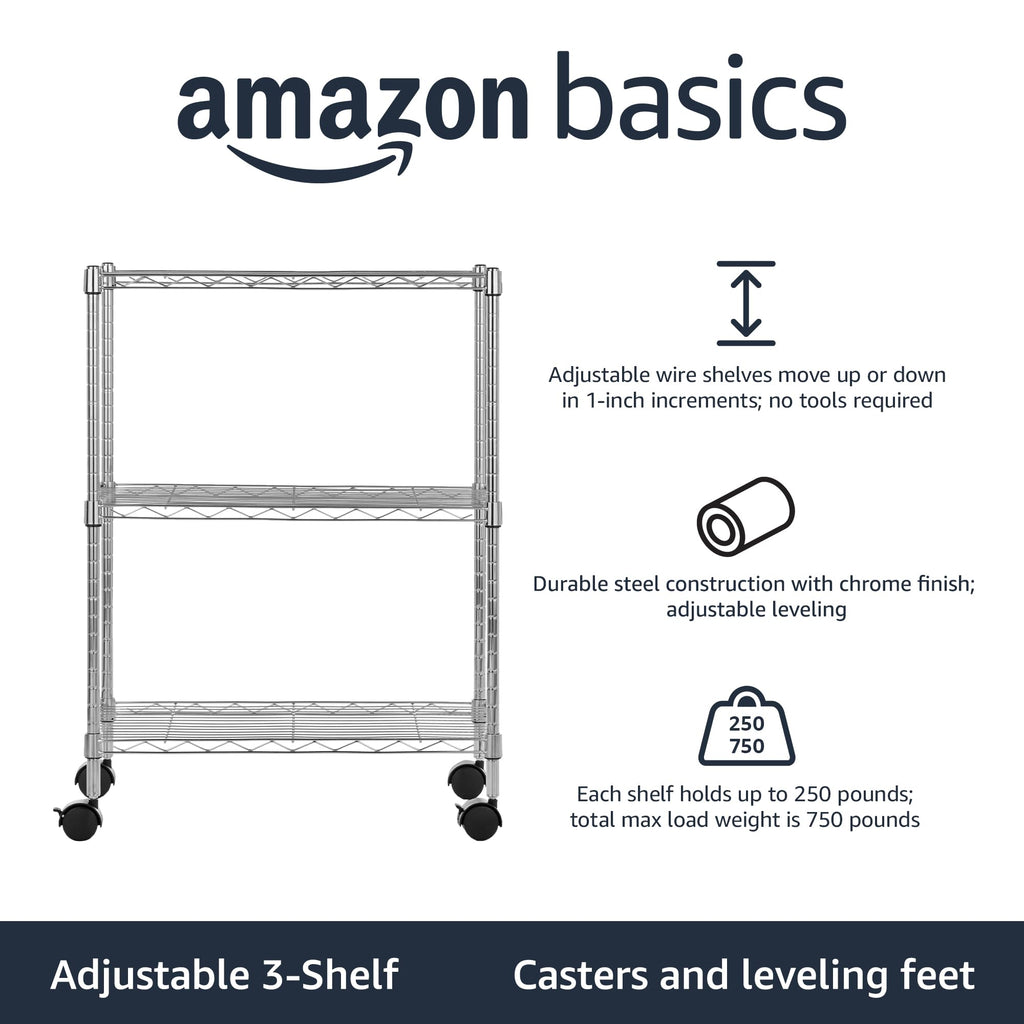 Amazon Basics 5-Shelf Tower Adjustable Storage Shelving Unit, Chrome, 16" x 16" x 54", 150 lbs Per Shelf
