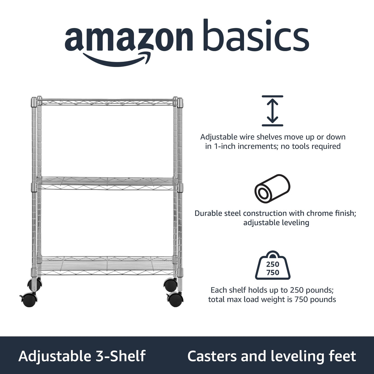 Amazon Basics 5-Shelf Tower Adjustable Storage Shelving Unit, Chrome, 16" x 16" x 54", 150 lbs Per Shelf