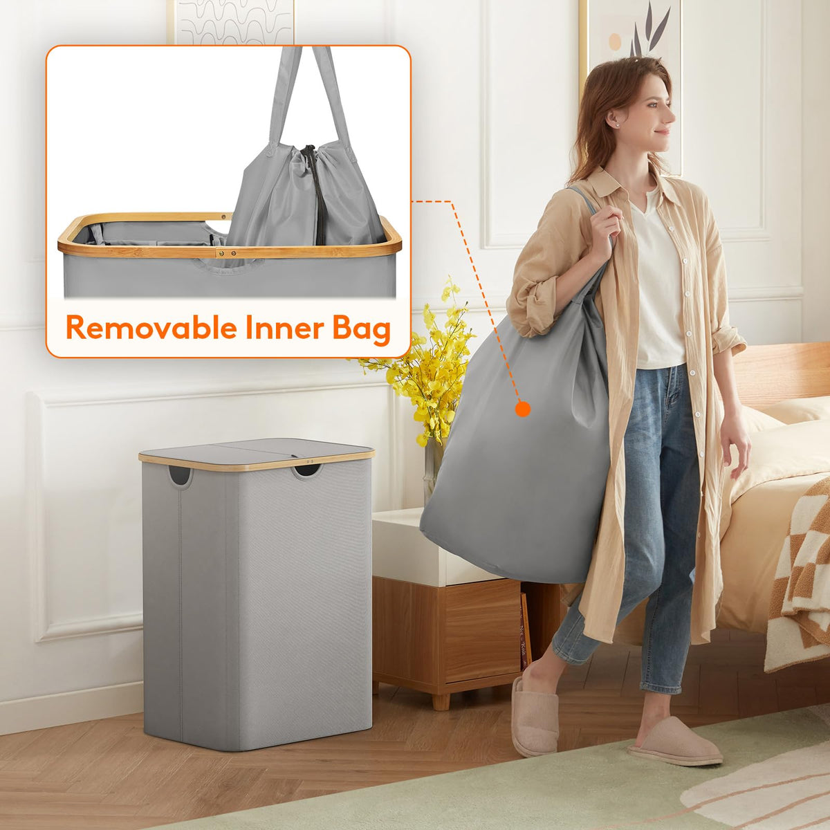 Lifewit 105L Large Laundry Basket with Lid, Removable Bags, Beige
