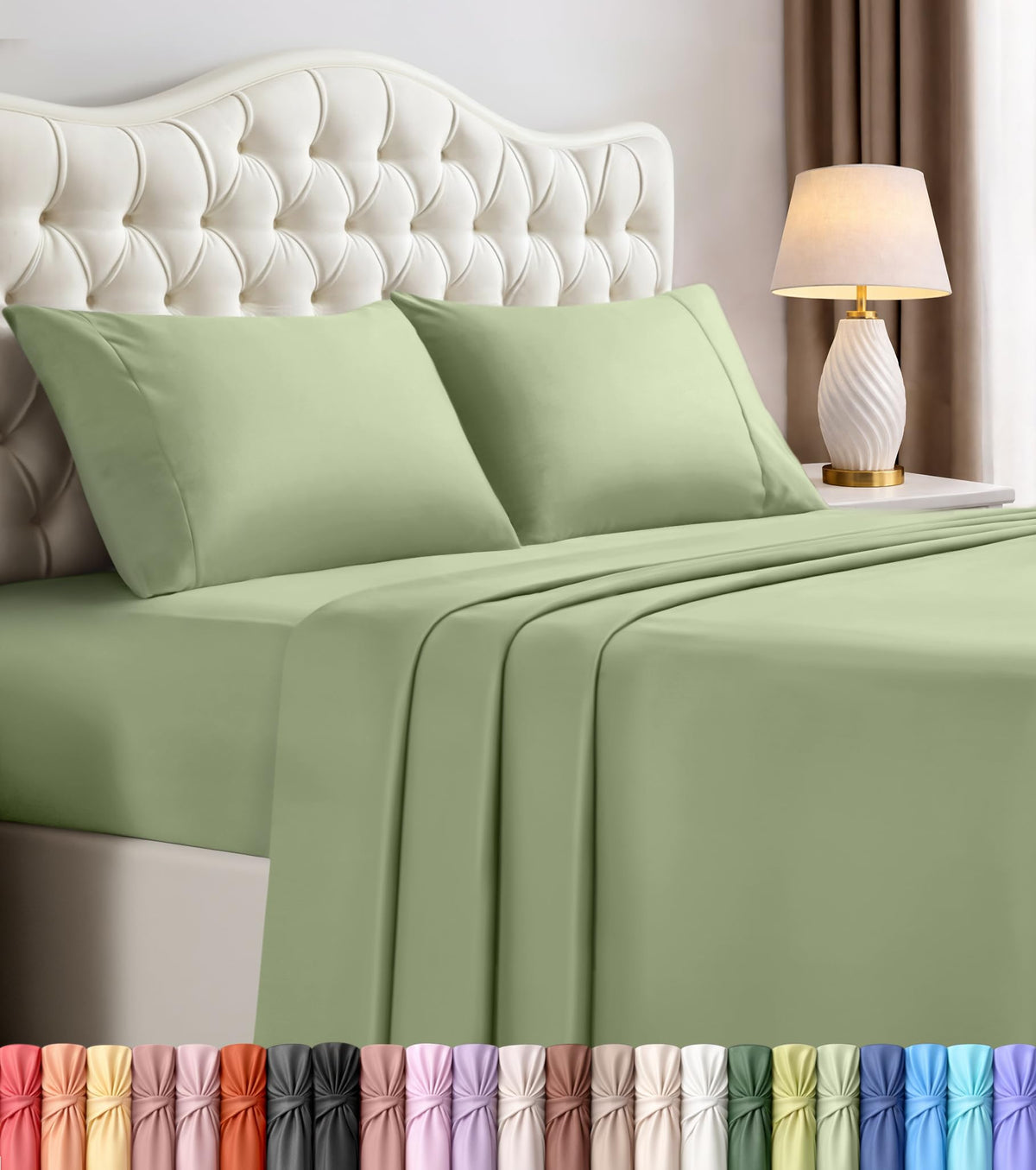 Queen Sheet Set, 4 Pieces 16" Deep Pocket Hotel Luxury Sheets, Heather Sage