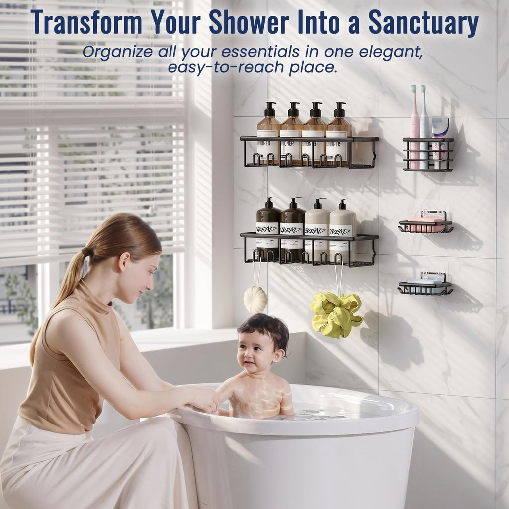 8 Pack Adhesive Bathroom Holders & Dispensers for Kids & Adults, Black