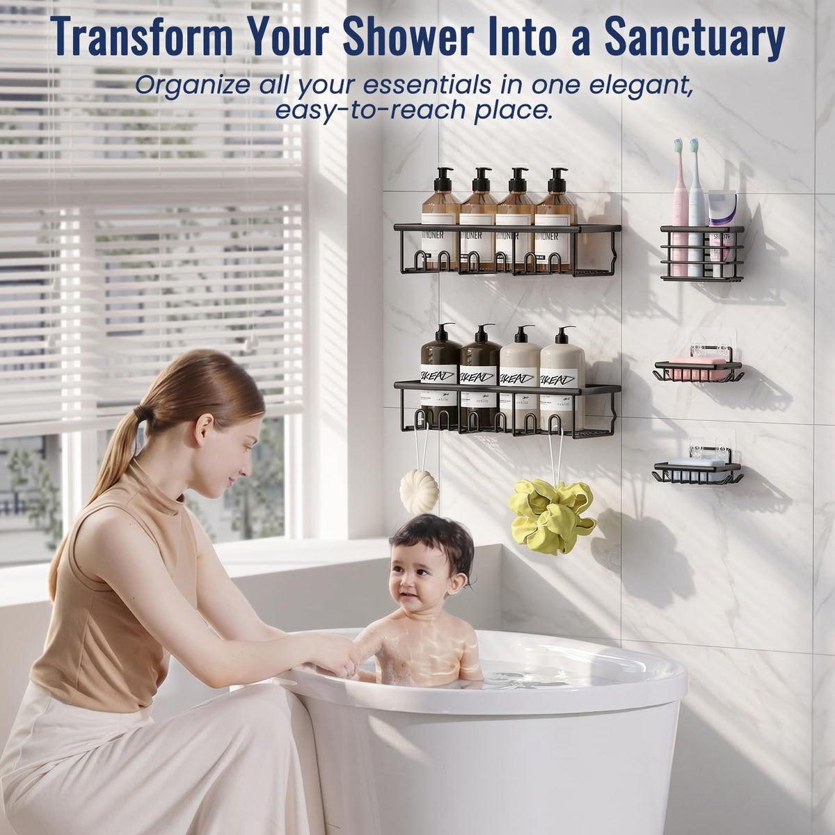 8 Pack Adhesive Bathroom Holders & Dispensers for Kids & Adults, Black