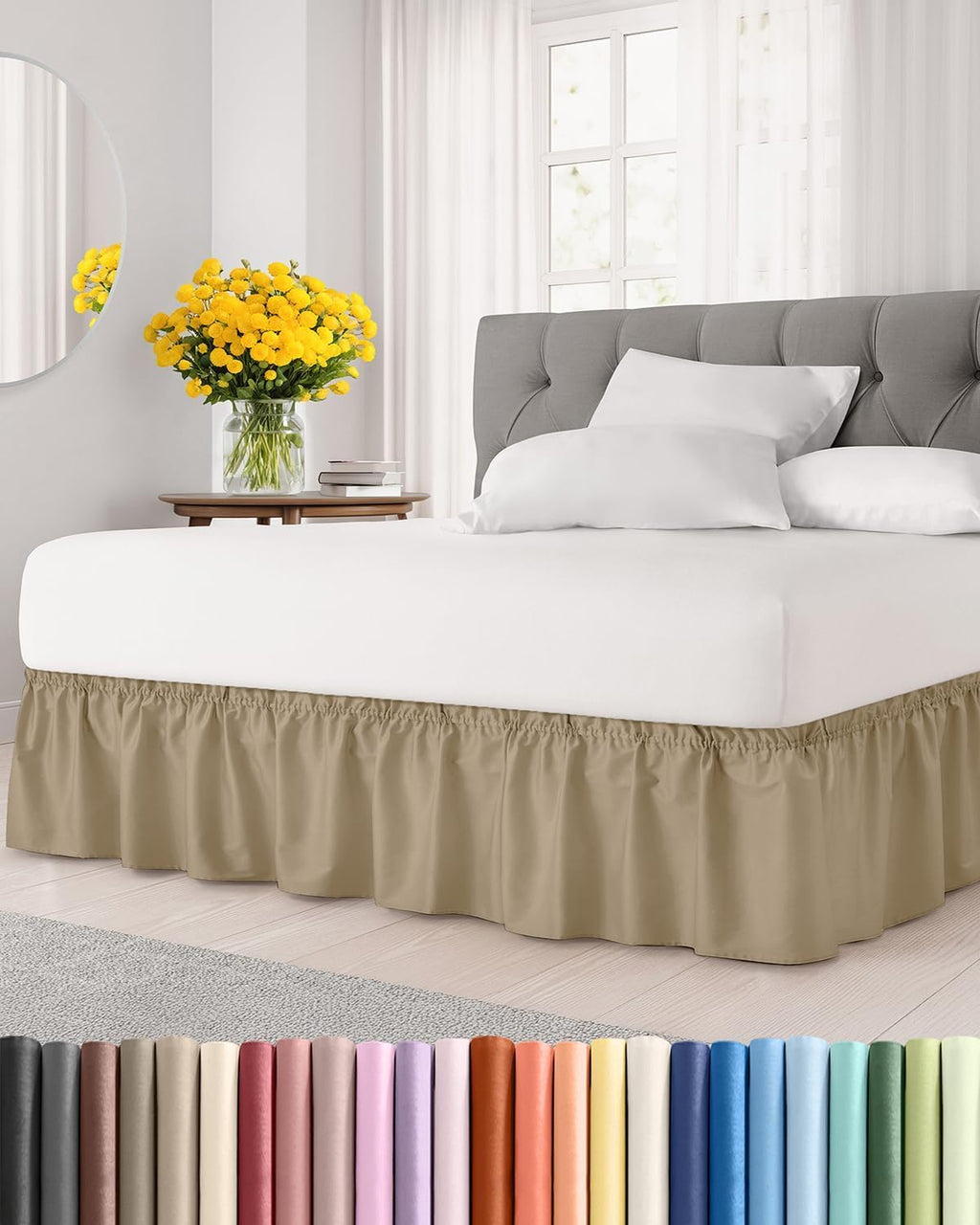 CGK Wrap Around Dust Ruffle Bed Skirt - Full Size, 14" Inch, Light Grey