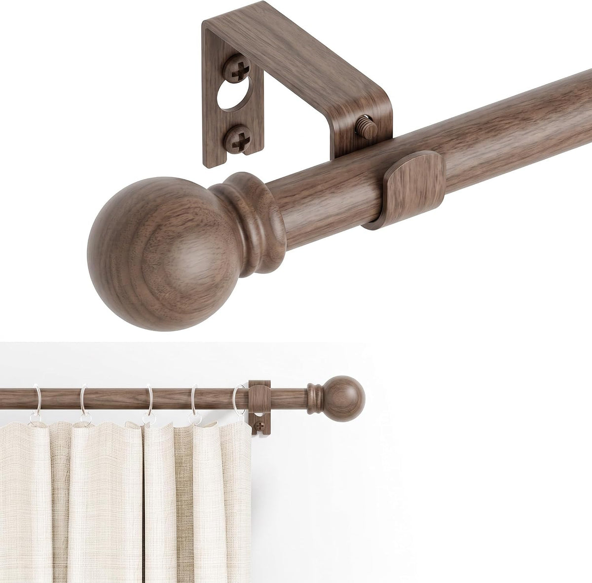 GXOACKJ Curtain Rods for windows 28-78 inch, 5/8 inch Decorative Dark Walnut Wood Splicing Heavy Duty Metal Curtain Rod set with Brackets