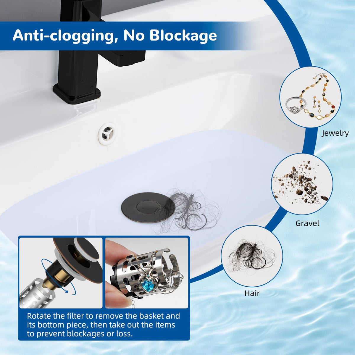 Hibbent Upgraded 3 in 1 Bathroom Sink Drain Strainer, Pop Up Stopper