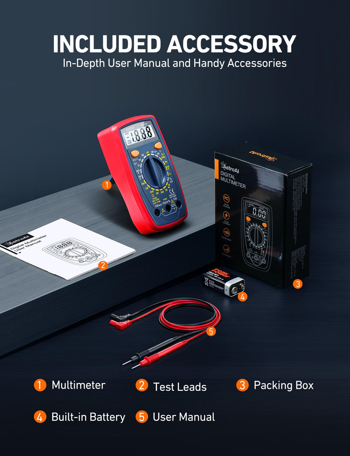 AstroAI Digital Multimeter Tester with Capacitance, 2000 Counts DC AC Voltmeter and Ohm Volt Amp Meter; Measures Voltage, Current, Resistance, Capacitance, Continuity and Diode, Orange