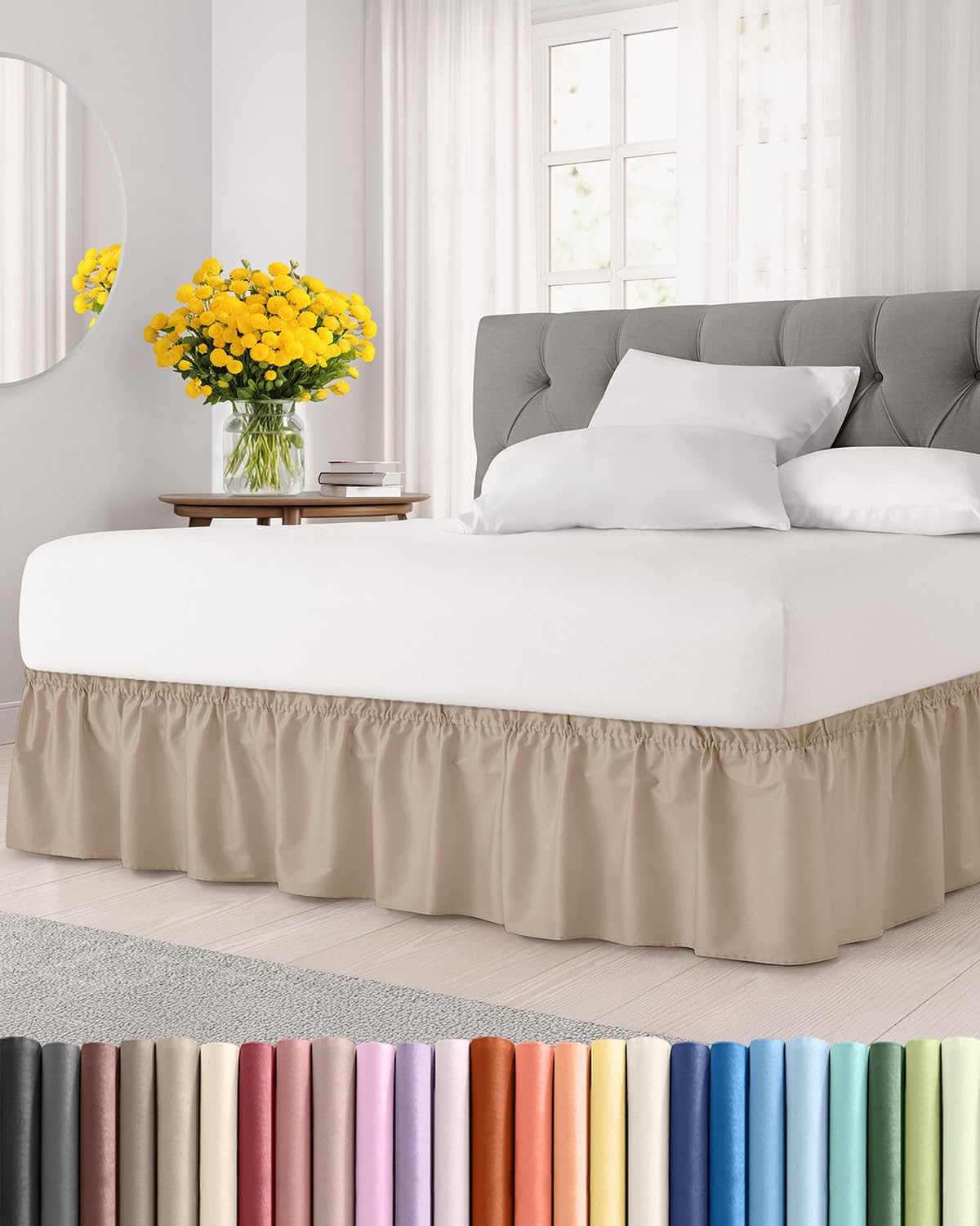 CGK Wrap Around Dust Ruffle Bed Skirt - Full Size, 14" Inch, Light Grey