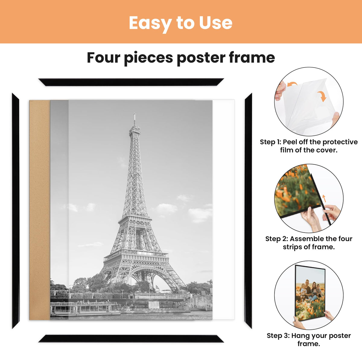 upsimples 12x16 Poster Frame, Easy Slide-In Assembly, White, 3 Pack