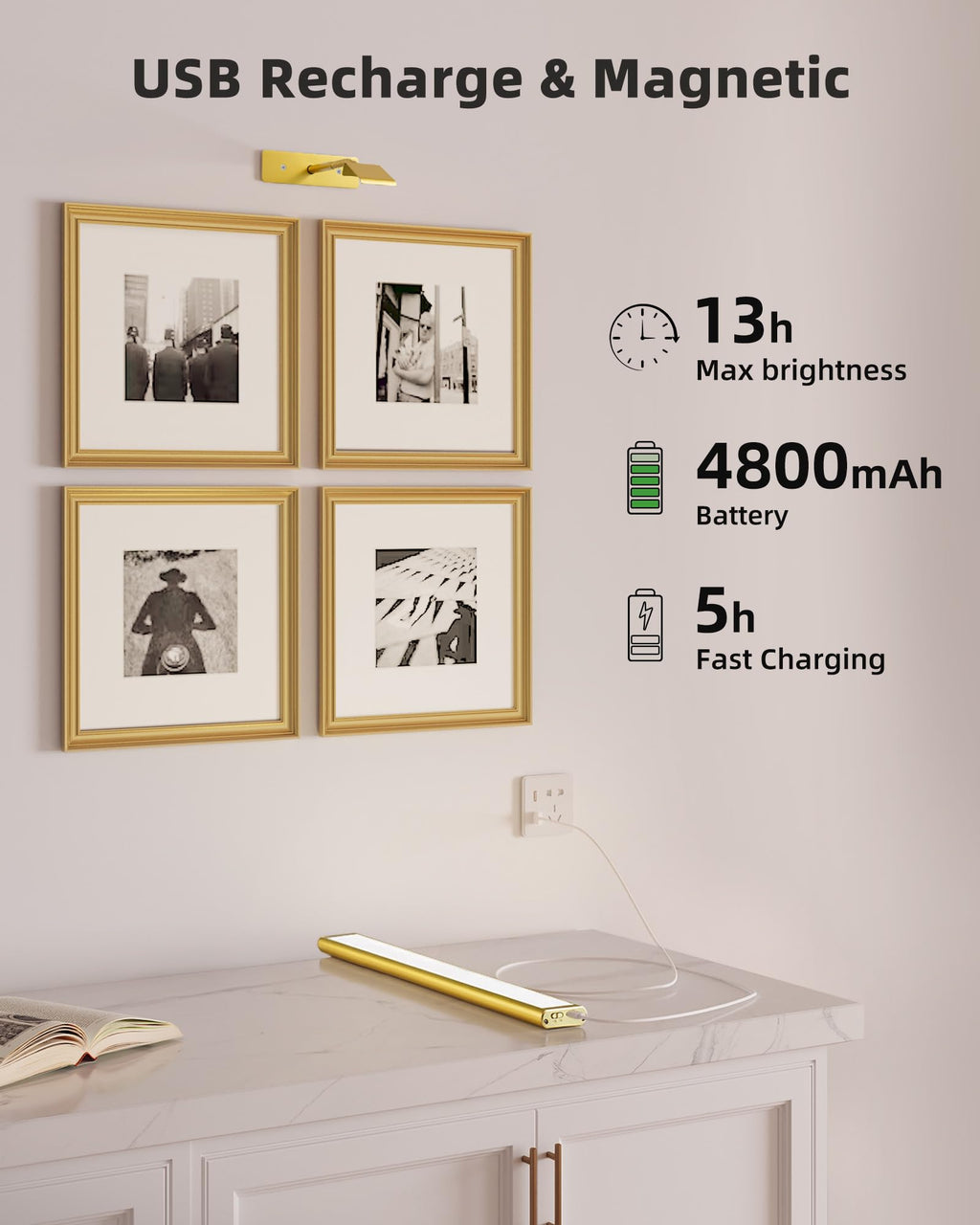 EZVALO Picture Light for Wall, 13'' Rechargeable Magnetic with Remote