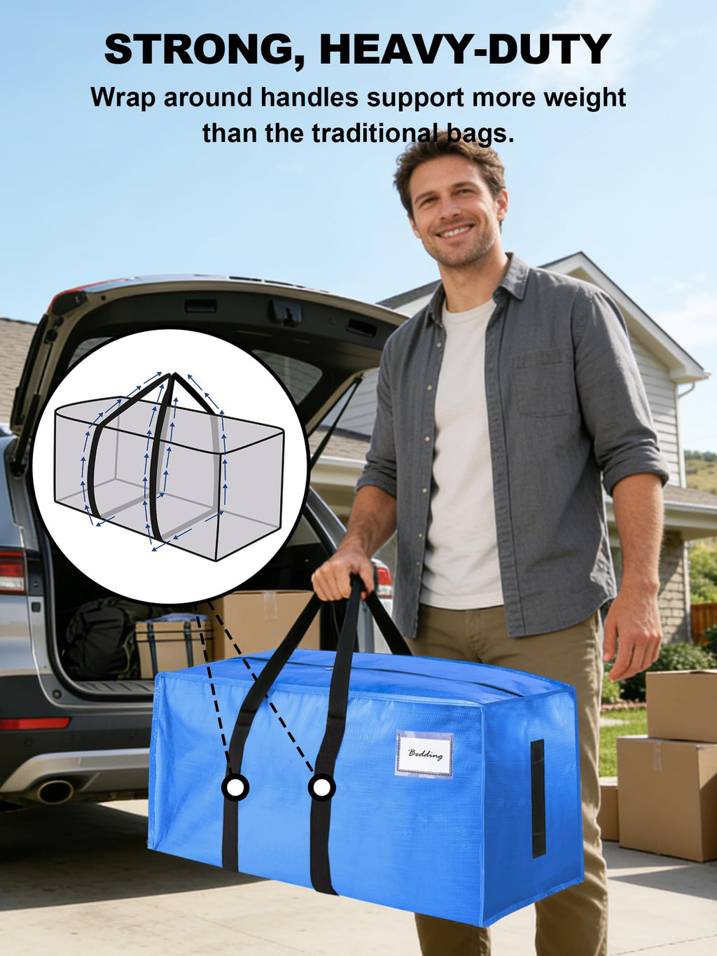 HOMESURE Supports 200lbs Heavy Duty Moving Bags - Strong Zipper & Wrap-Around Handles - Water-Resistant Storage Totes, Durable Alternative to Moving Boxes - 4 Pack - Semi-Transparent
