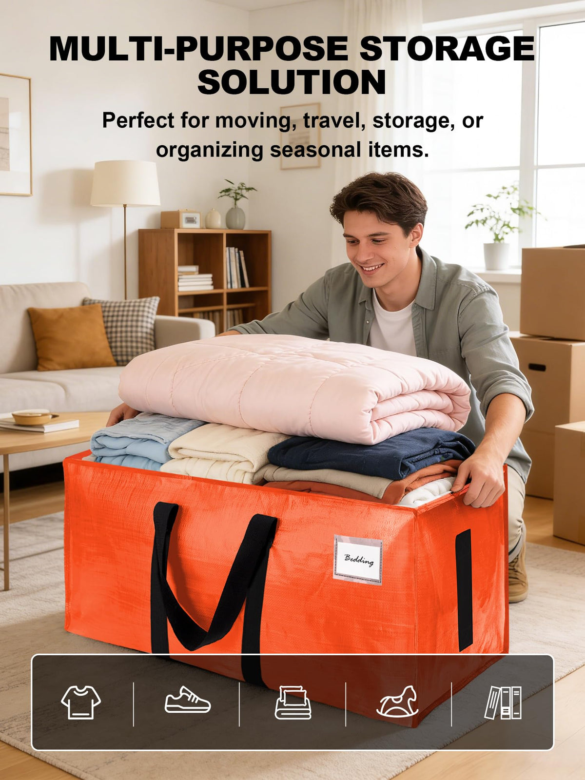 HOMESURE Supports 200lbs Heavy Duty Moving Bags - Strong Zipper & Wrap-Around Handles - Water-Resistant Storage Totes, Durable Alternative to Moving Boxes - 4 Pack - Semi-Transparent