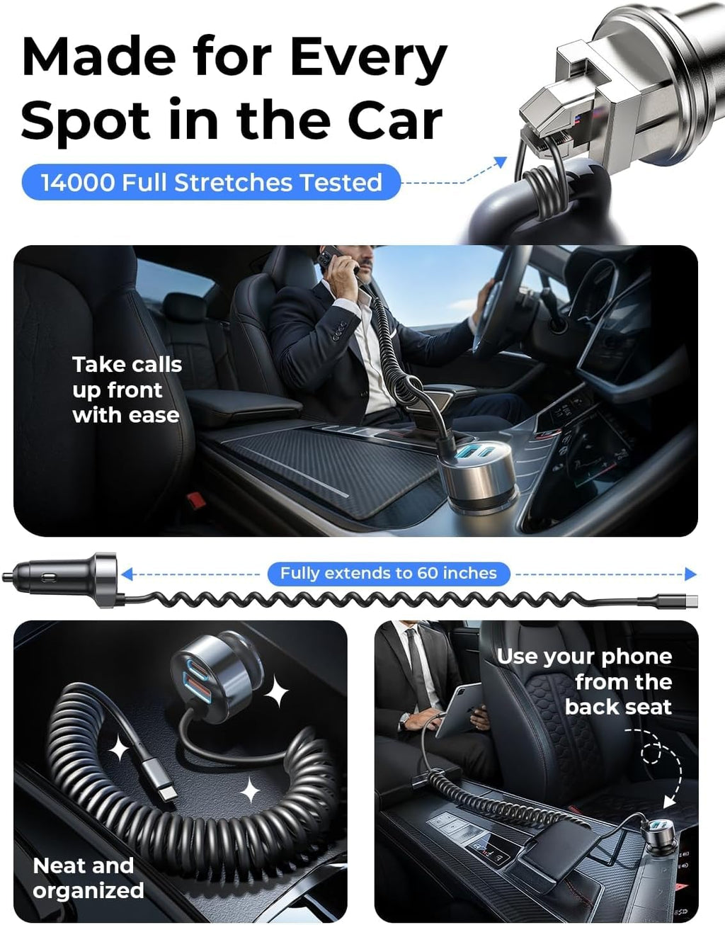 for iPhone 18/17 Pro Max Car Charger USB C Fast Charge with Coiled Cable