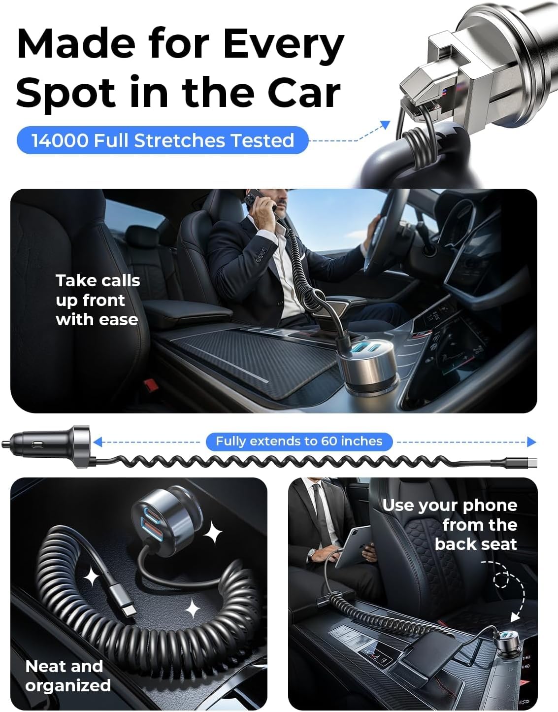 for iPhone 18/17 Pro Max Car Charger USB C Fast Charge with Coiled Cable