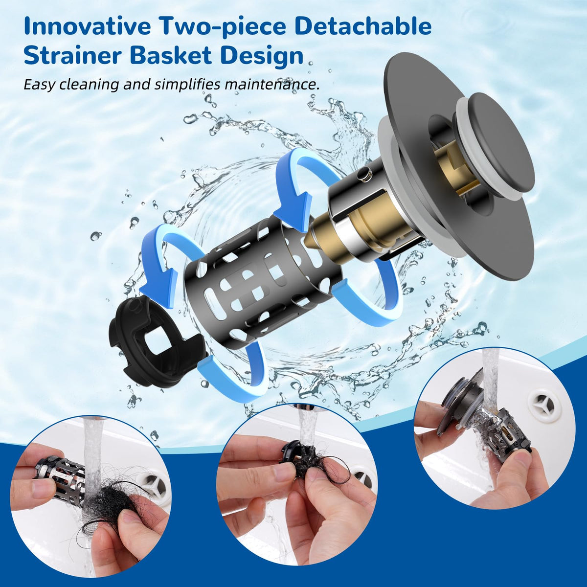 Hibbent Upgraded 3 in 1 Bathroom Sink Drain Strainer, Pop Up Stopper