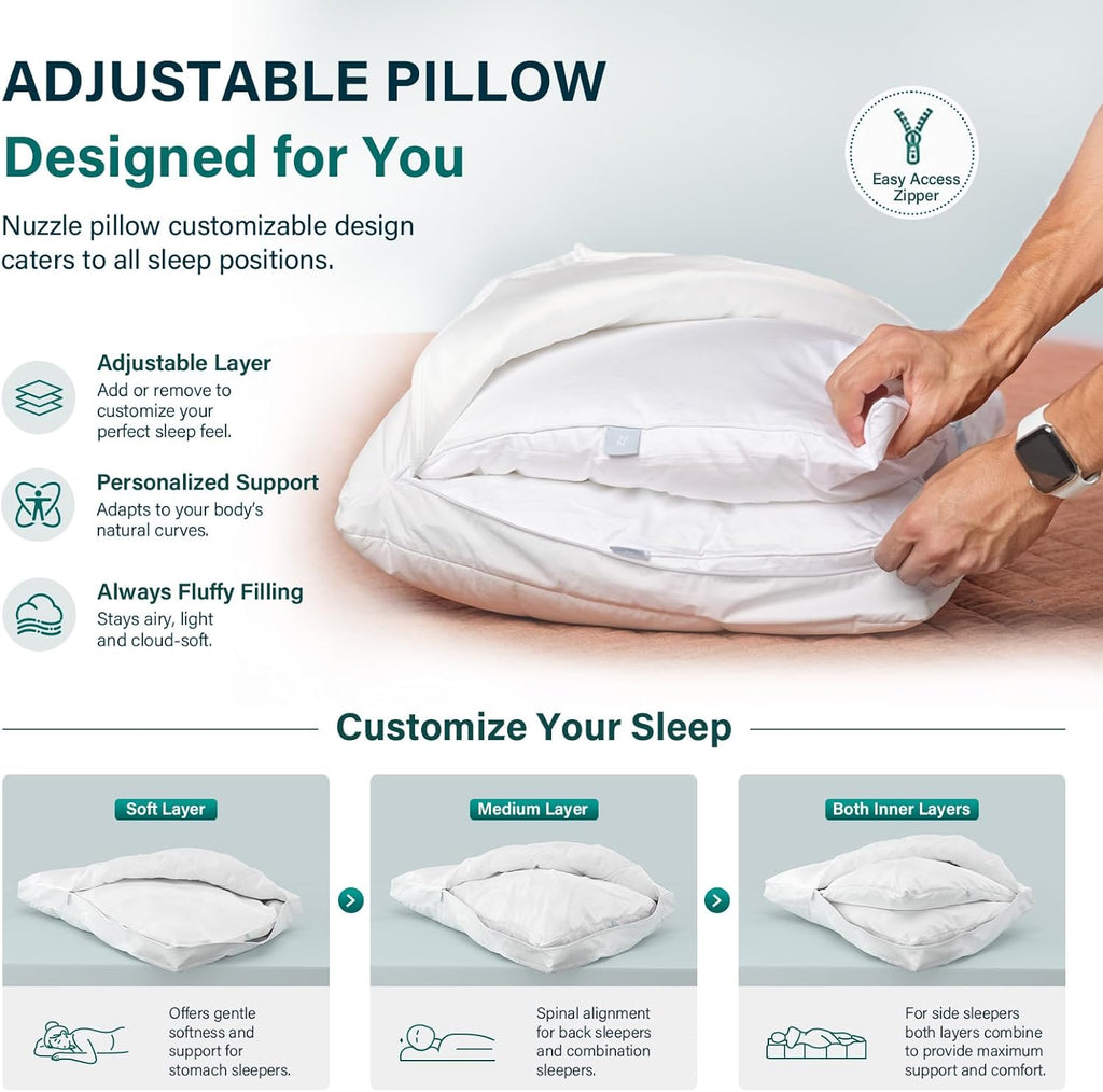 Nuzzle Neck Pillow Adjustable King Size Set of 4,Soft Luxury Hotel Feel