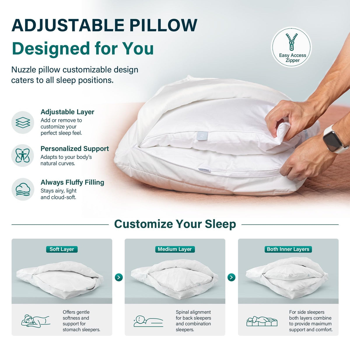 Nuzzle Neck Pillow Adjustable Standard Size Set of 2,Soft Luxury Hotel Feel