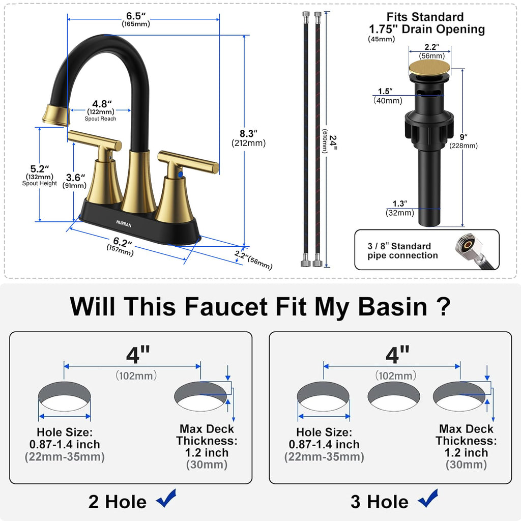 Matte Black Bathroom Faucet, Hurran 4 inch Centerset 2-Handle Lead-Free