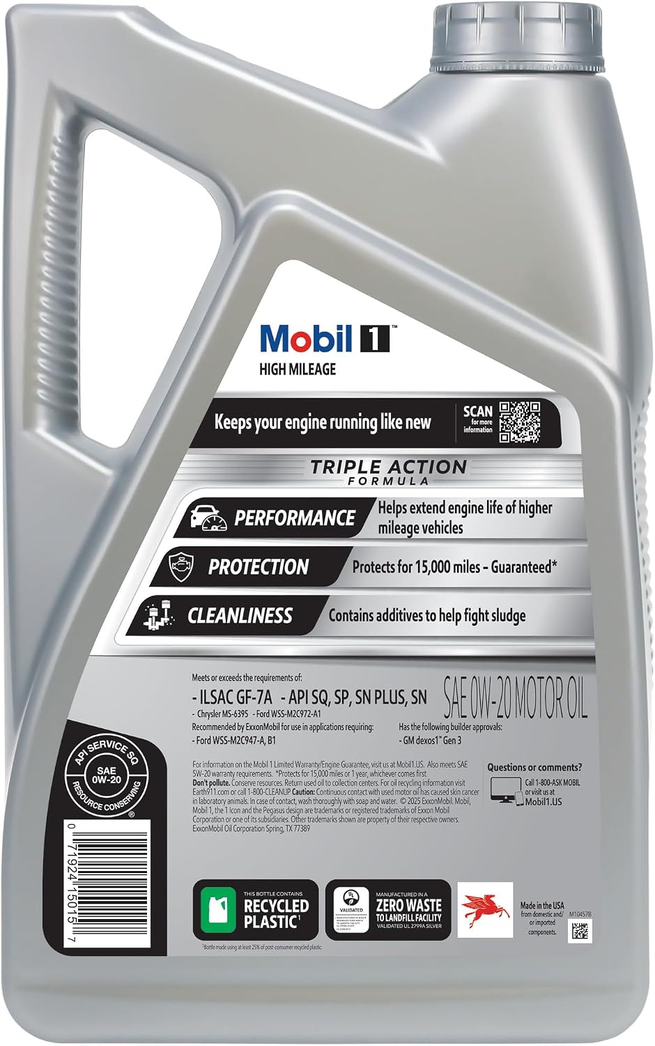 Mobil 1 High Mileage Full Synthetic Motor Oil 0W-20, 5 Quart