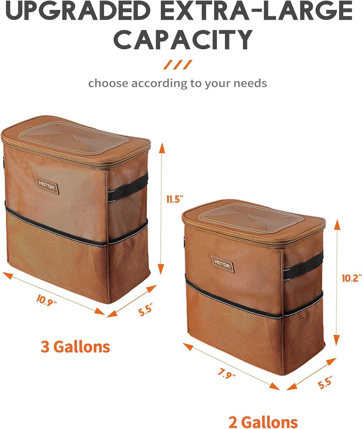 HOTOR Car Trash Can, Leakproof Car Organizer, 2-Gallon, Brown