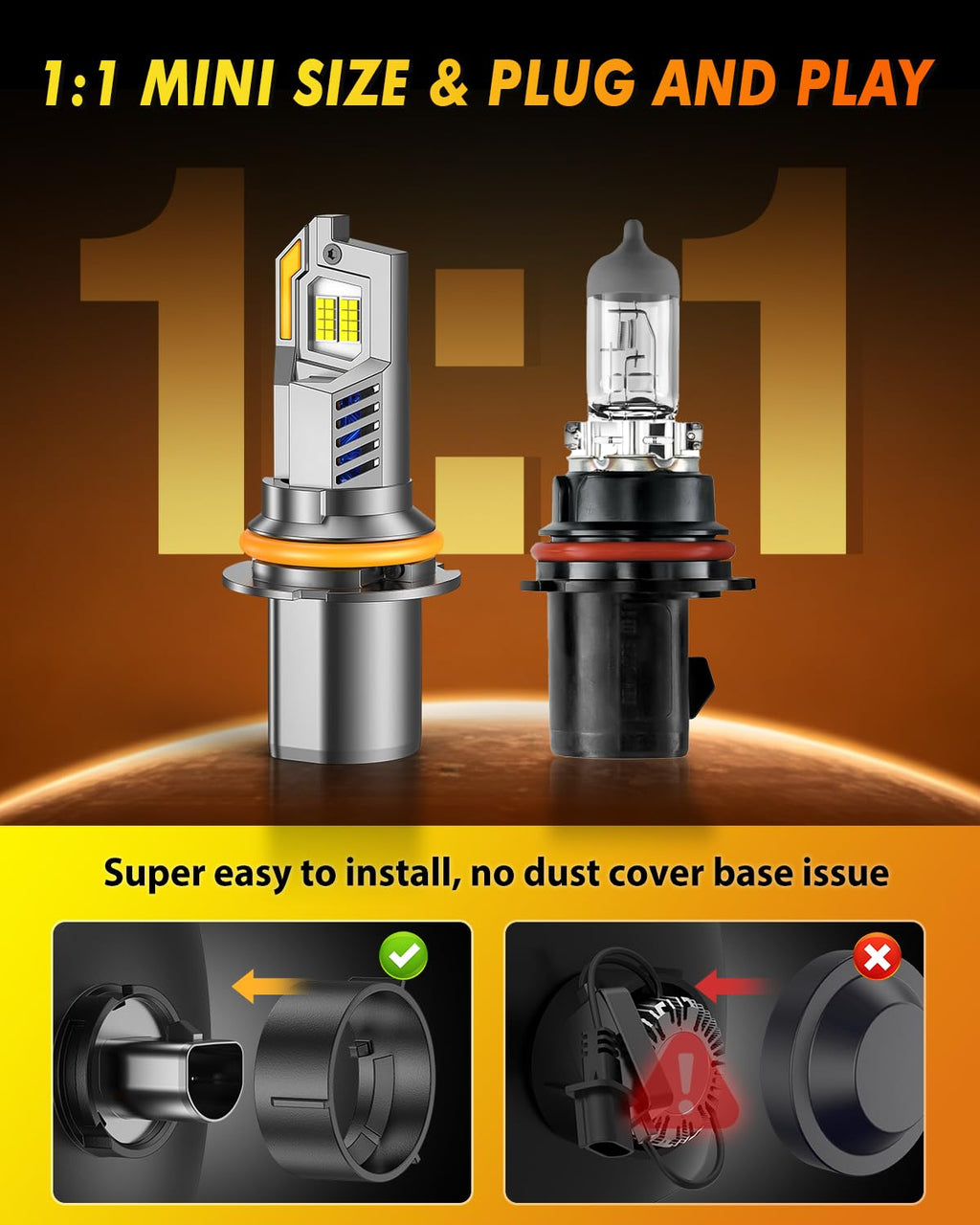 Termitor Laest H4/9003 HB2 Exterior Light Bulbs for Off-road, 15X Brighter 90,000LM, 85K+ hrs, 6500K Cool White, IP68 Waterproof, 1:1 OEM Size, 3 Minute Installation, Pack of 2