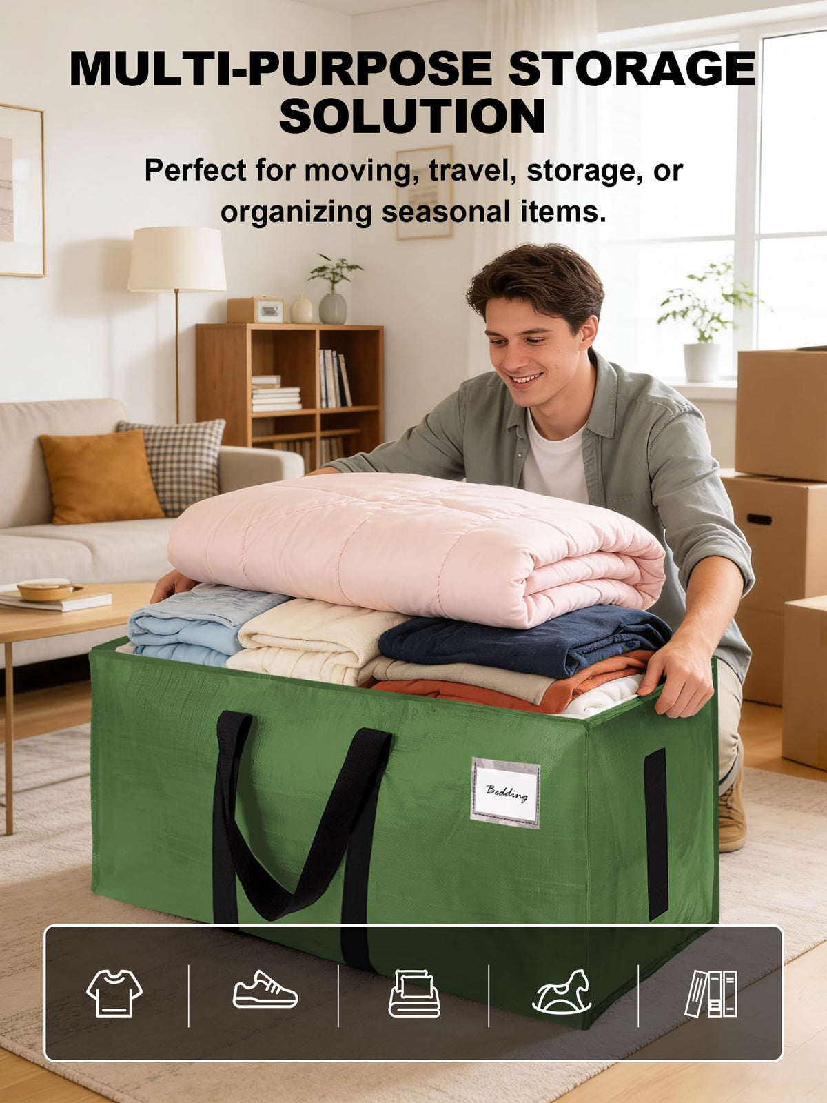 HOMESURE Supports 200lbs Heavy Duty Moving Bags - Strong Zipper & Wrap-Around Handles - Water-Resistant Storage Totes, Durable Alternative to Moving Boxes - 4 Pack - Semi-Transparent