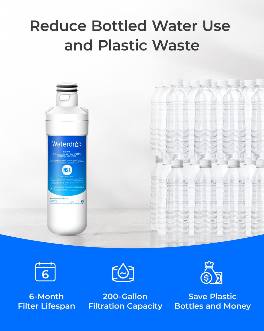 Waterdrop LT1000PC ADQ747935 MDJ64844601 Refrigerator Water Filter, 3 Pack