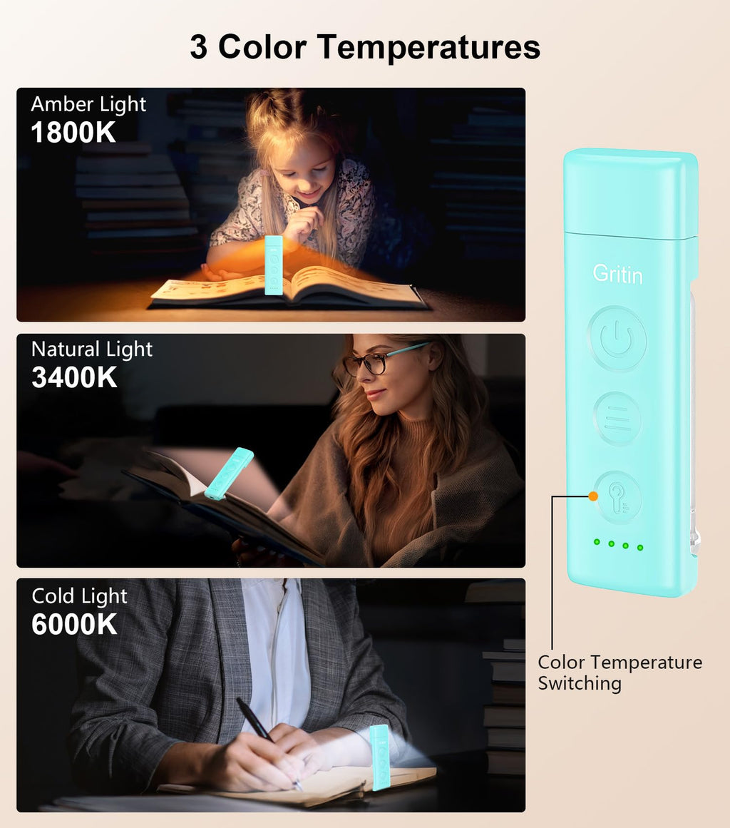 Gritin Book Light Rechargeable, Clip on LED Reading Light for Books in Bed
