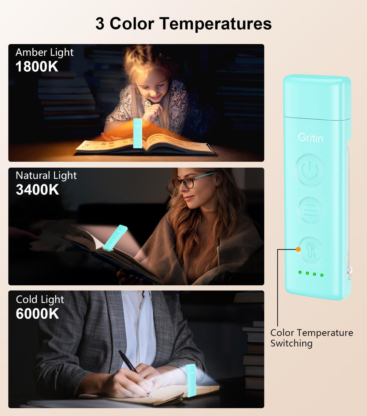 Gritin Book Light Rechargeable, Clip on LED Reading Light for Books in Bed