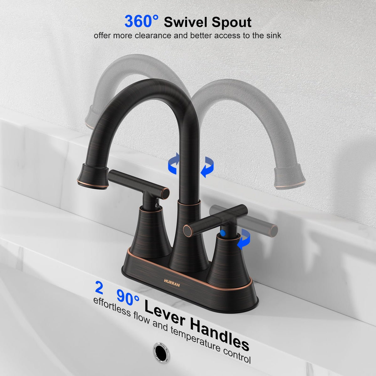Matte Black Bathroom Faucet, Hurran 4 inch Centerset 2-Handle Lead-Free