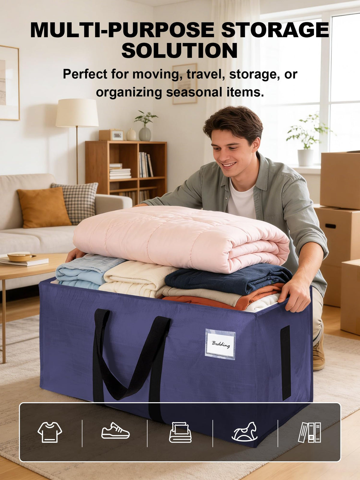 HOMESURE Supports 200lbs Heavy Duty Moving Bags - Strong Zipper & Wrap-Around Handles - Water-Resistant Storage Totes, Durable Alternative to Moving Boxes - 4 Pack - Semi-Transparent