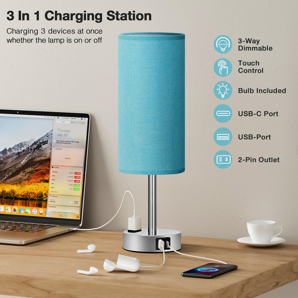 Fenmzee Bedside Table Lamp for Bedroom - Dimmable Touch, USB A+C, AC Outlet