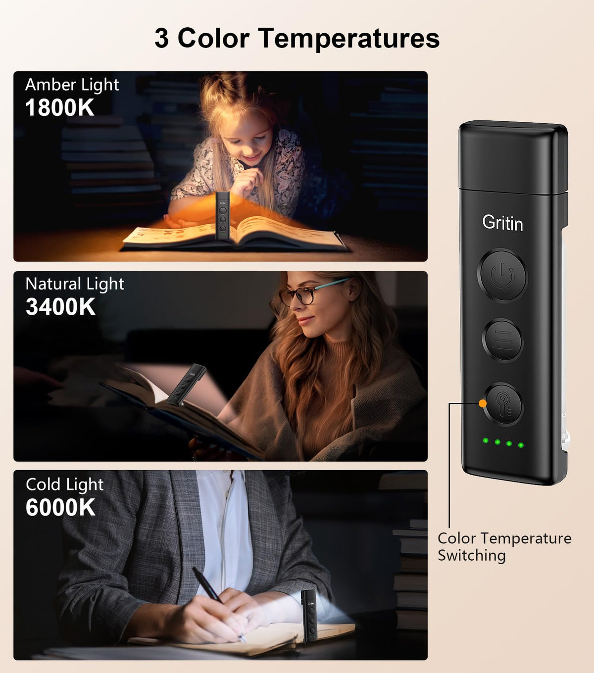 Gritin Book Light Rechargeable, Clip on LED Reading Light for Books in Bed