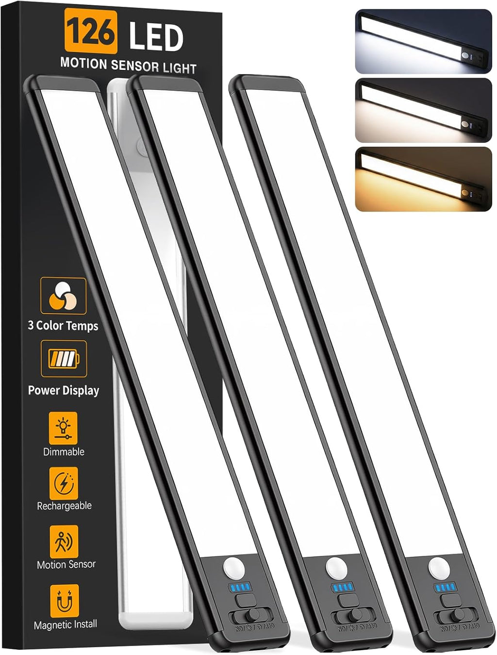 Under Cabinet Lighting Wireless, 15inch Motion Sensor Light, 3Pack-Black