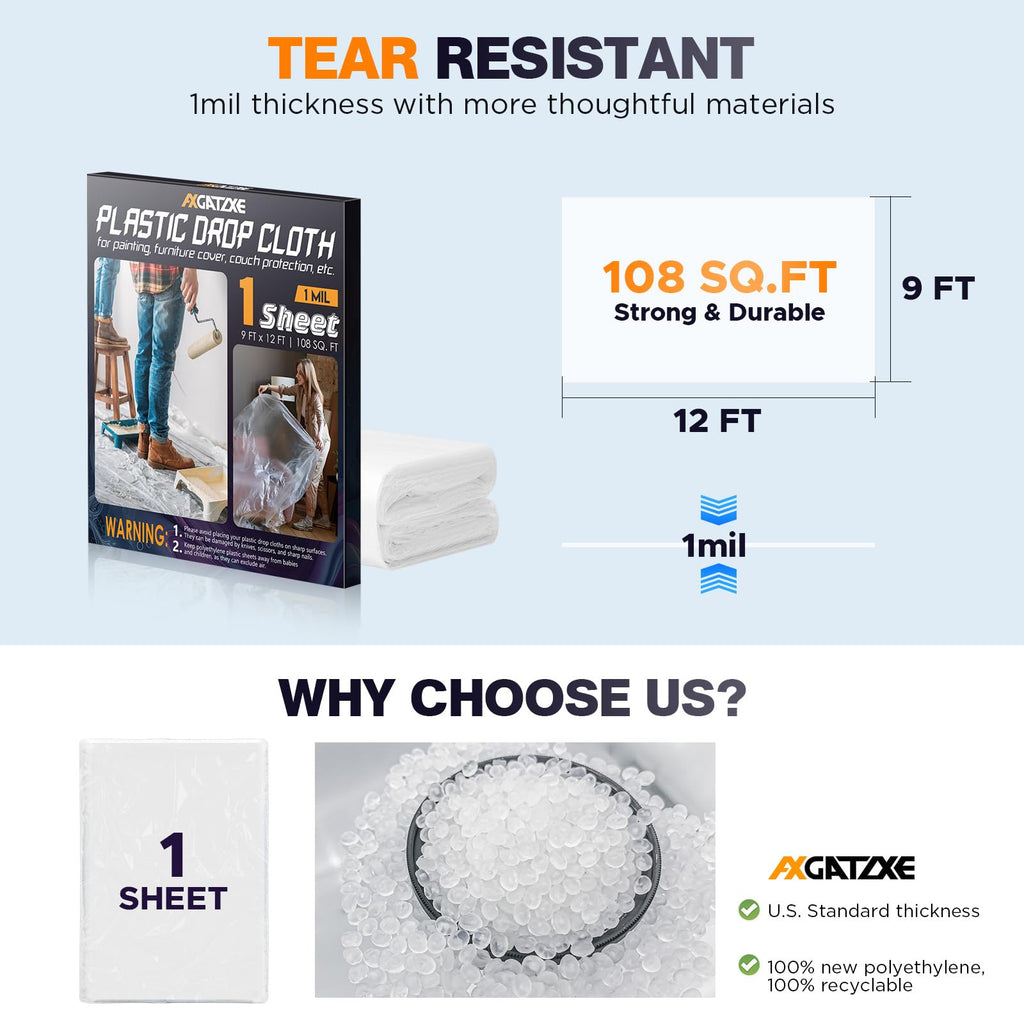 Axgatoxe 12 x 9 Ft Plastic Drop Cloths for Painting (30-Pack)