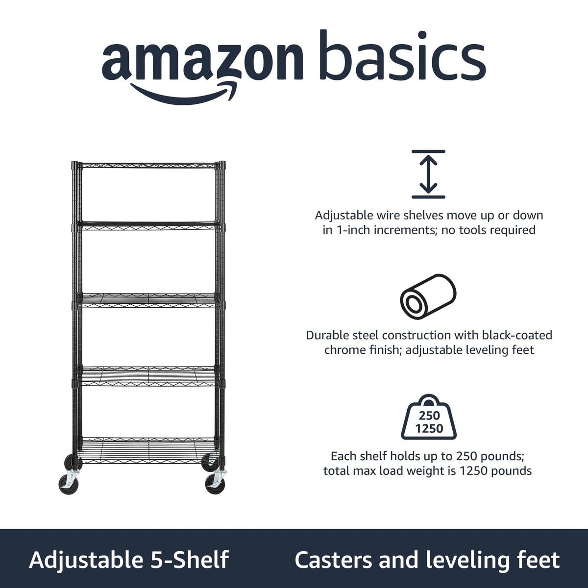 Amazon Basics 5-Shelf Tower Adjustable Storage Shelving Unit, Chrome, 16" x 16" x 54", 150 lbs Per Shelf