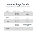 Amazon Basics Vacuum Storage Bags for Clothes, Space Saving Compression Storage Bags with Hand Pump, Heavy Duty, Stackable, Jumbo Size, Clear, 6-Pack