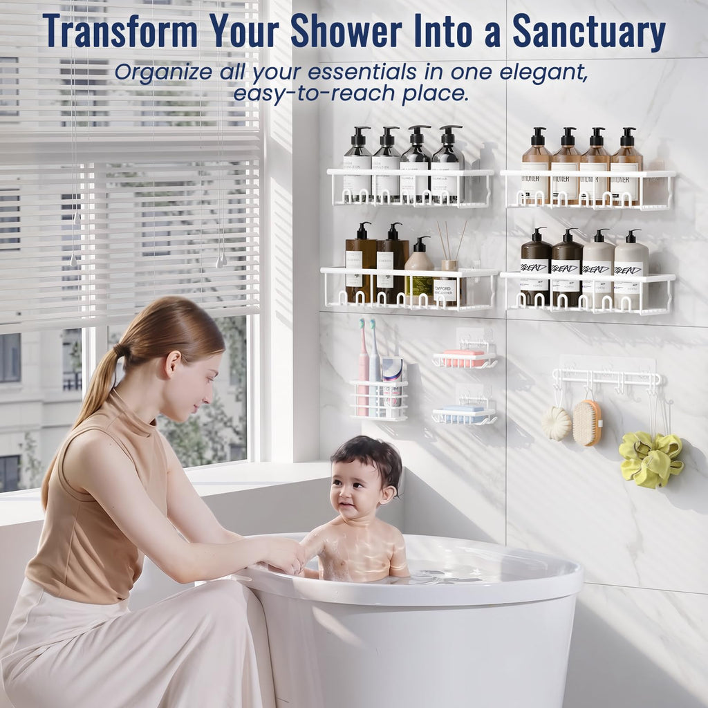 8 Pack Adhesive Bathroom Holders & Dispensers for Kids & Adults, Black