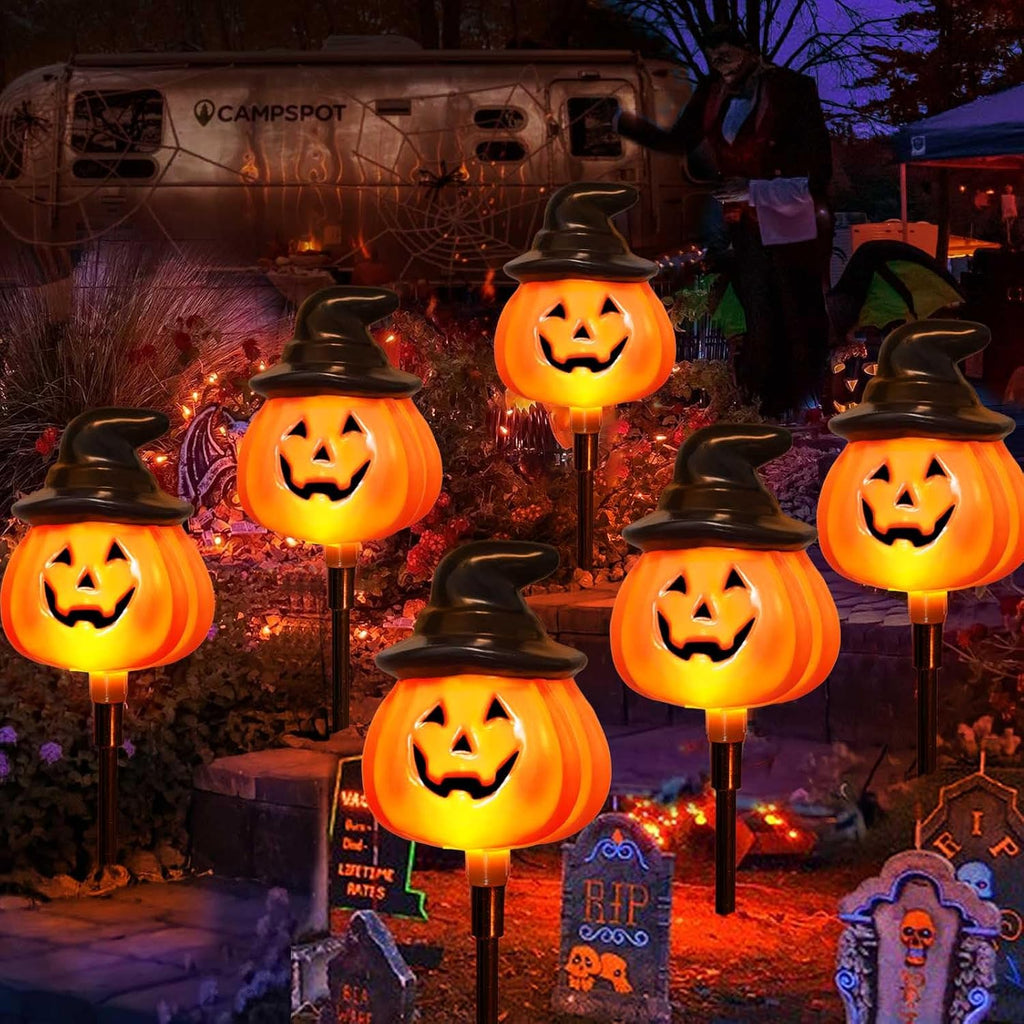 6 Pack Solar Jack O Lantern Stake String Lights - Orange Halloween Pathway Decor for Outdoor Halloween Yard Display